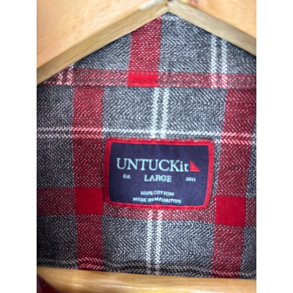UNTUCKit Mens Large Grey Red Plaid Long Sleeve‎ 100% Cotton Button Down Shirt